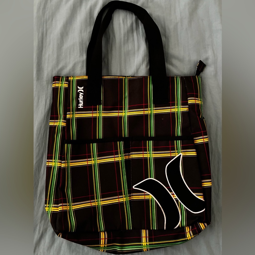 Hurley Black Plaid Messenger with Red, Yellow & Green Stripes